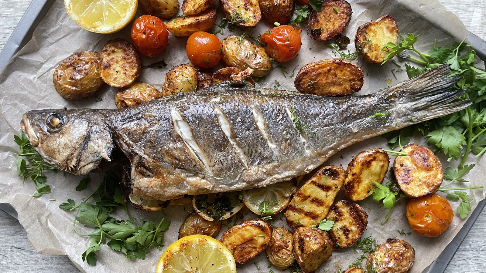 Roast Sea Bass with Garlic Dill Potatoes