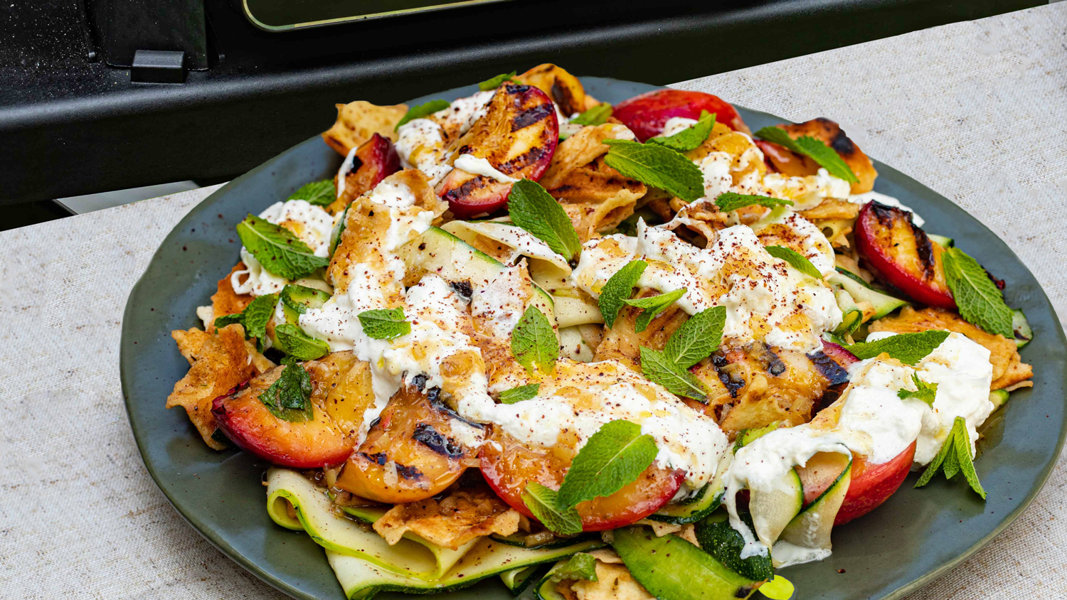 Nectarine & Burrata Salad with Charred Lemon Dressing