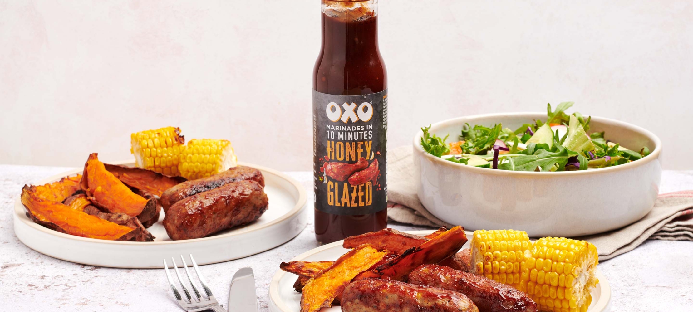 OXO Honey Glaze Sausages with Sweet Potato & Corn