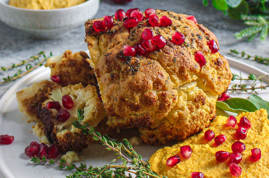 Whole Roasted Cauliflower with Carrot & Butterbean Dip –