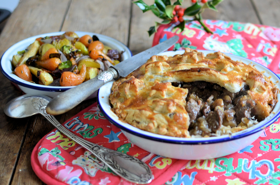 Christmas Beef & Chestnut Pie with Roast Festive Veggies –