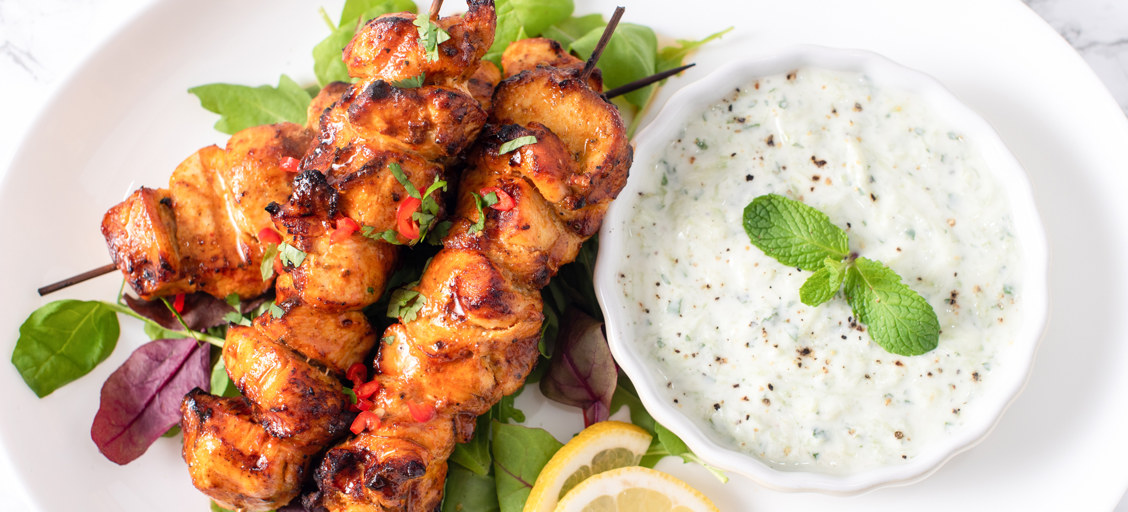 Curry Chicken Skewers with Mint Dip –