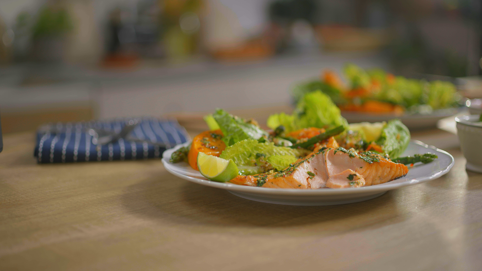 Salmon with Asian Pesto, Roasted Butternut Squash & Asparagus Salad –