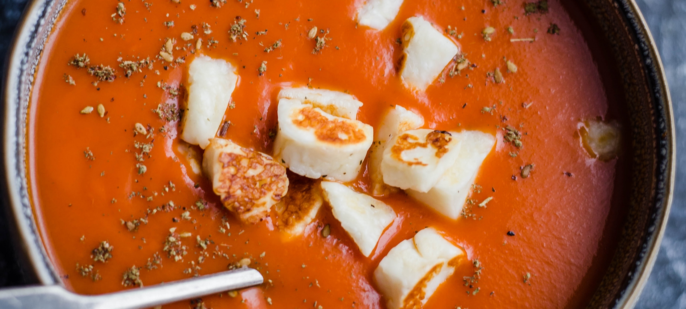 Spiced Tomato, Lentil & Carrot Soup with Halloumi Croutons –