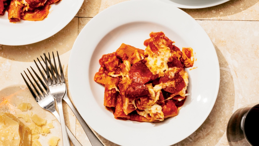 Overhead view of a white plate filled with Pepperoni Pizza Pasta Bake