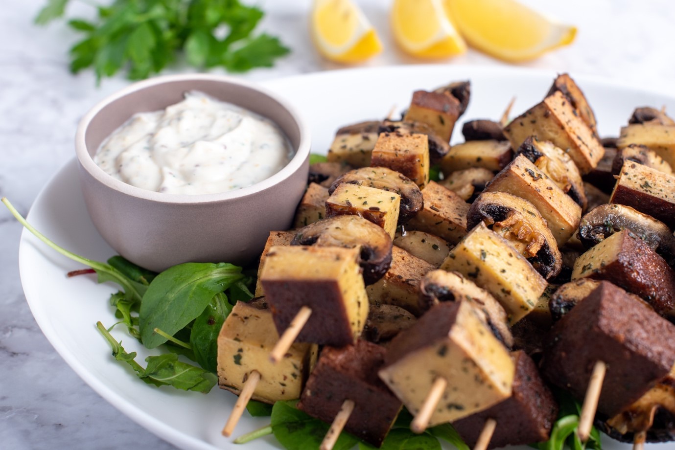 Mushroom and Smoked Tofu Skewers with Citrus Aioli