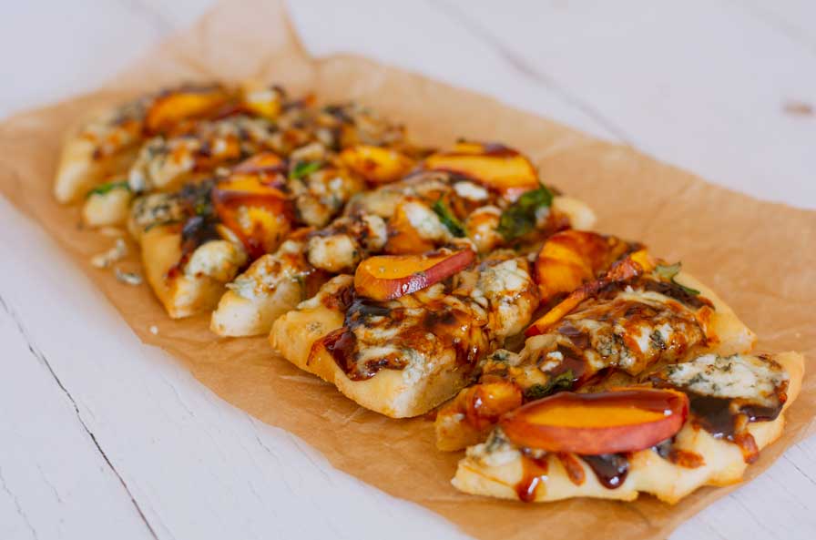 Grilled Balsamic Peach and Blue Goats Cheese Flatbread Pizza