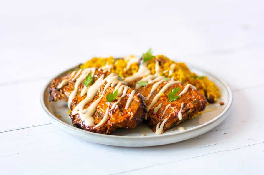 Harrisa Lamb Chops with Tahini Dressing –