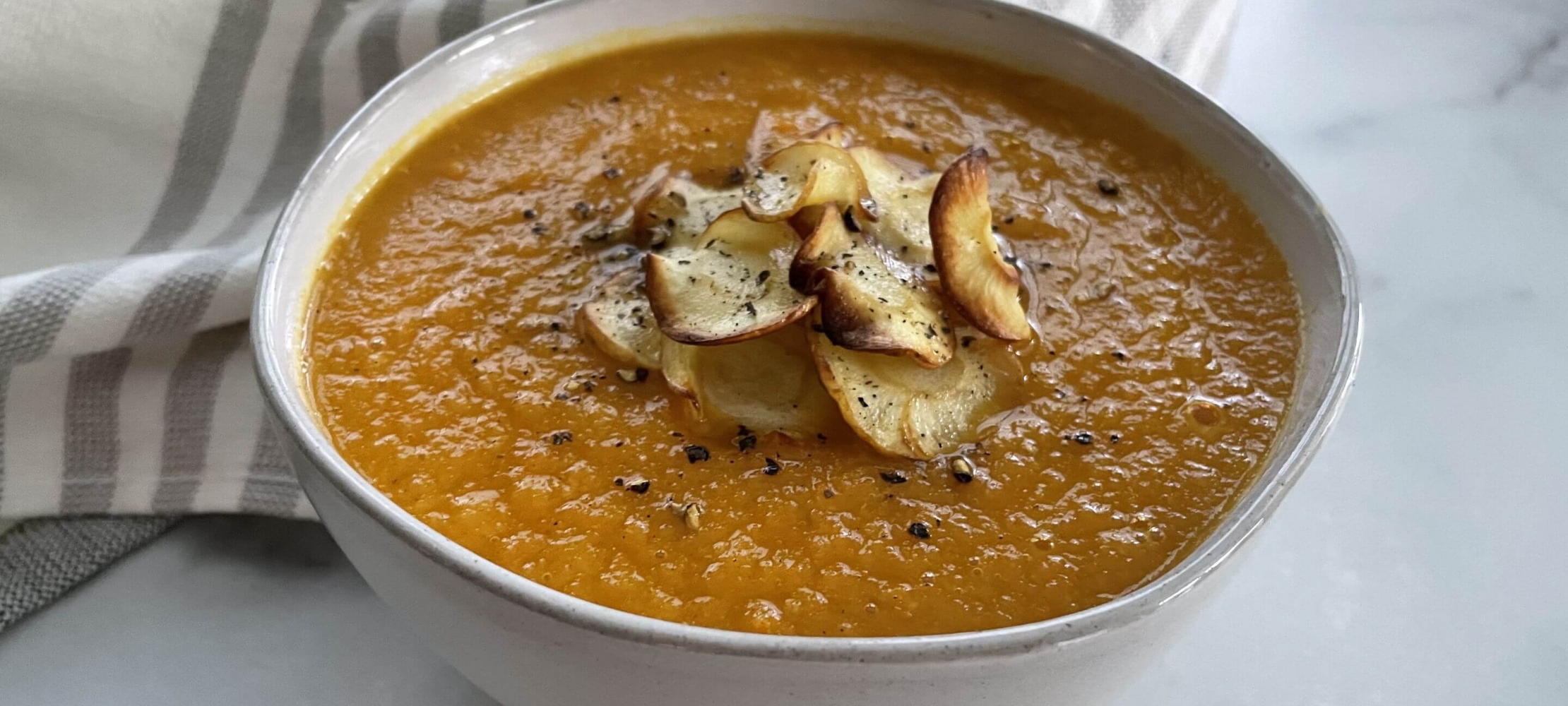 Carrot Parsnip Soup with Crunchy Parsnip Chips