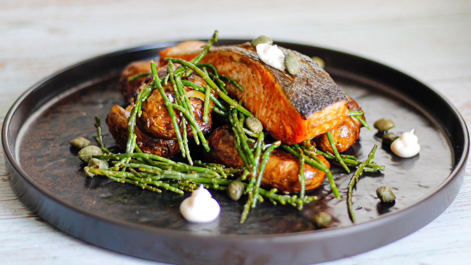 Grilled Salmon, Provencal Potatoes, Samphire & Lemon Aioli –