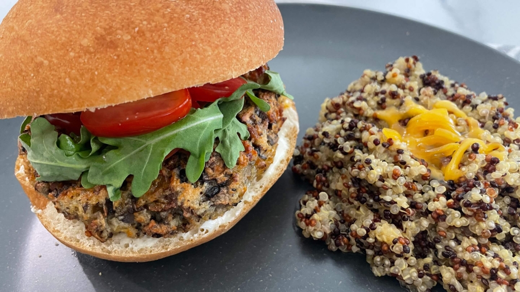 Side view of a Mushroom Burger with Cheesy Quinoa