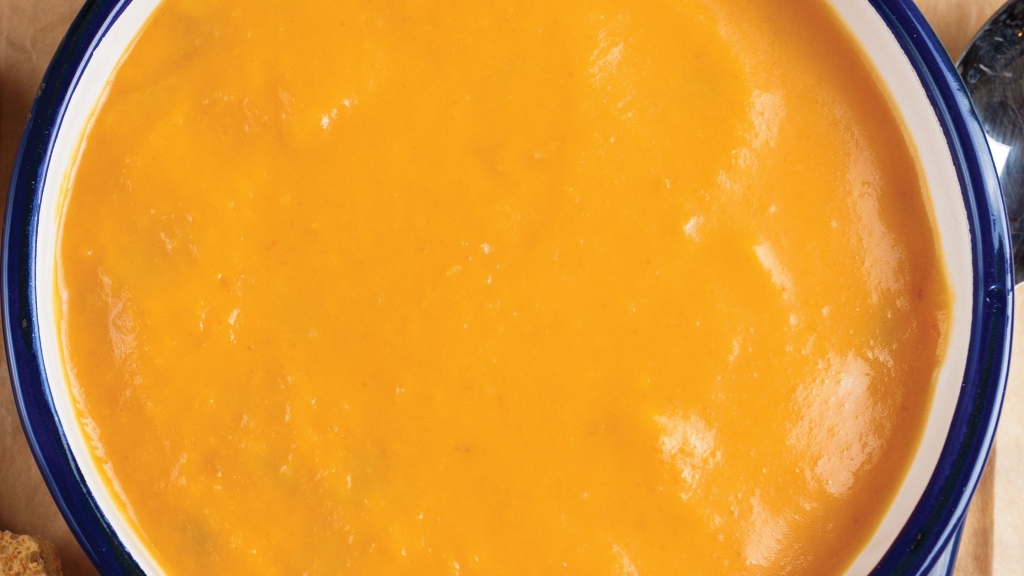 Overhead view of a bowl of Butternut Squash and Apple Soup