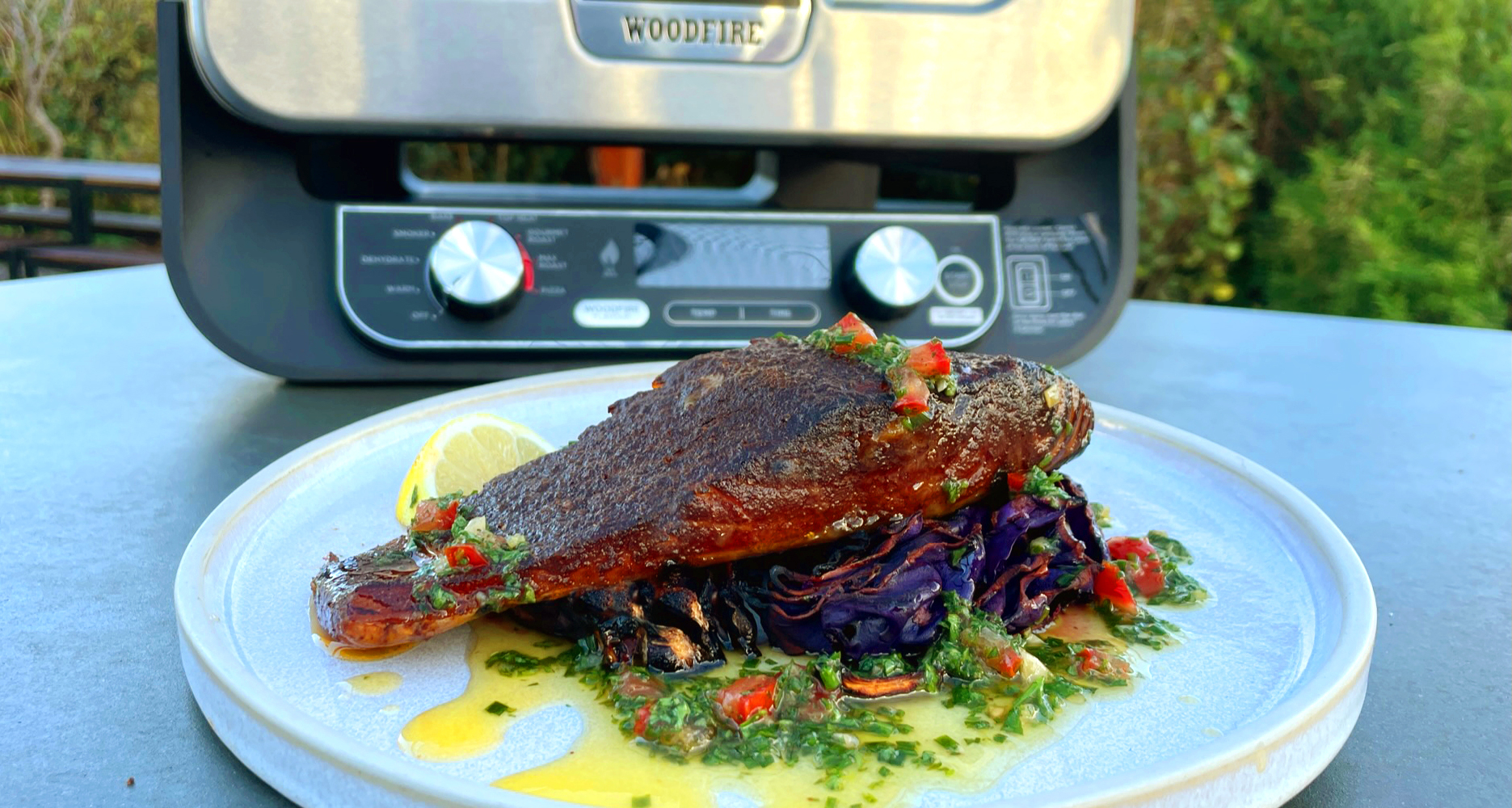 Hot Smoked Salmon, Red Cabbage Steaks & Sauce Vierge –
