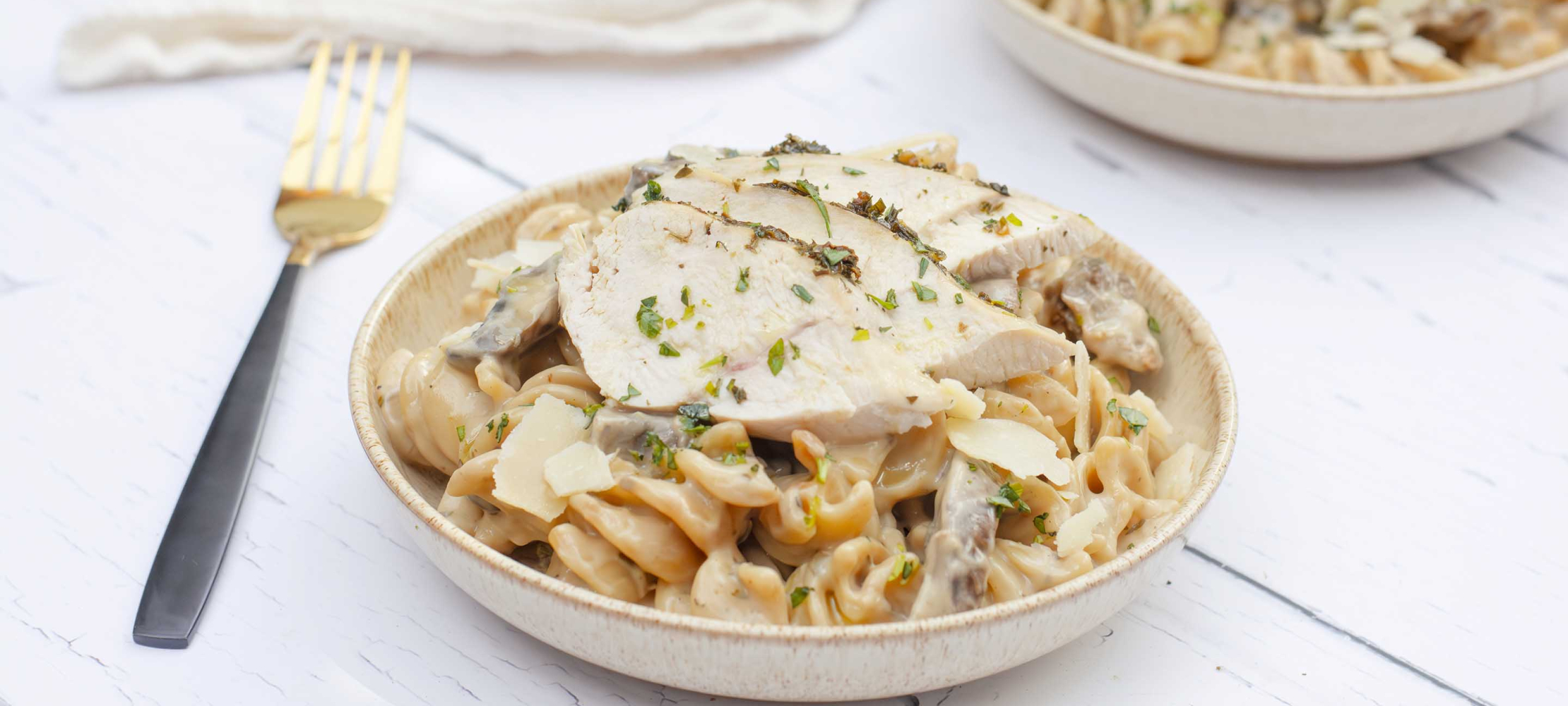 Creamy Mushrooms & Tarragon Pasta with Roast Chicken –
