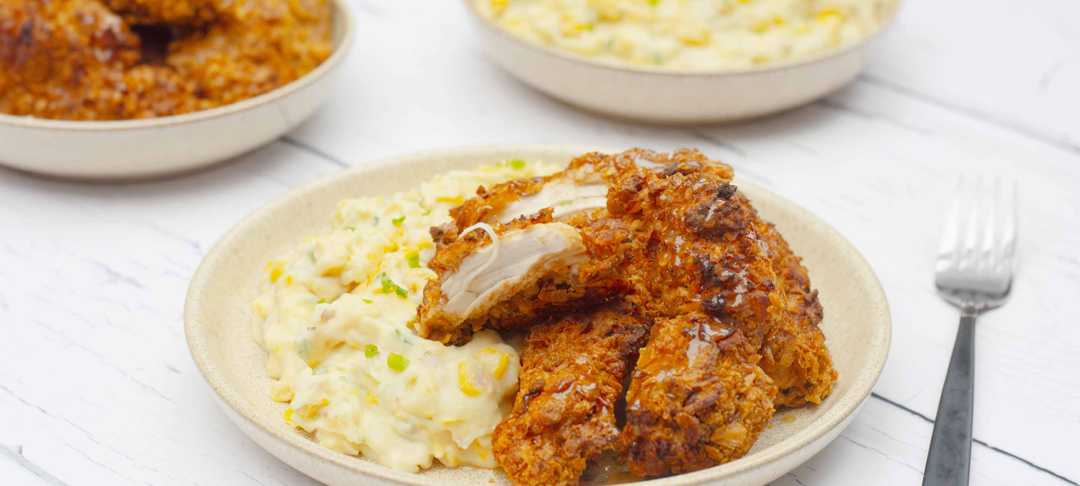 Buttermilk Chicken with Cornflake Crust and Sweetcorn Mash –
