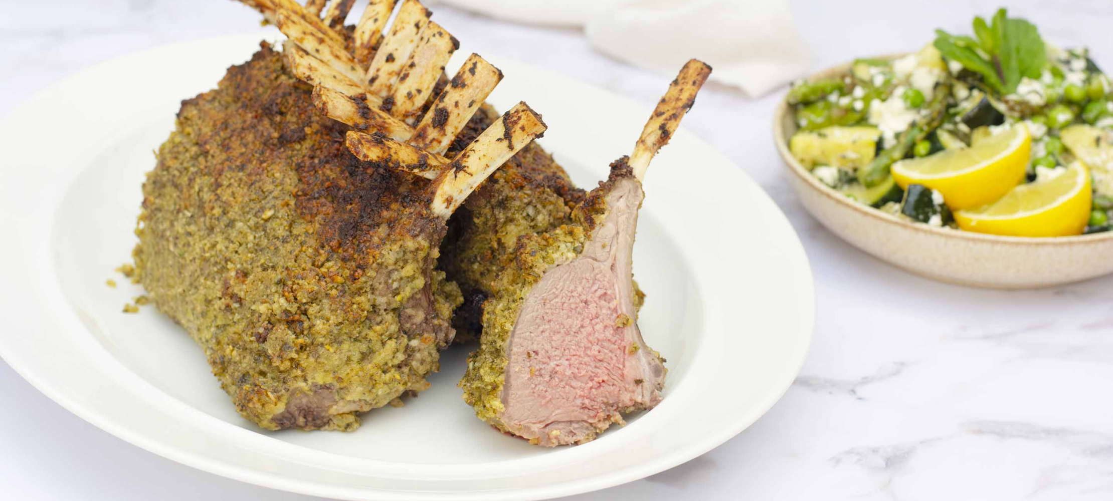Mint Pesto Crusted Lamb with Green Veg & Feta –